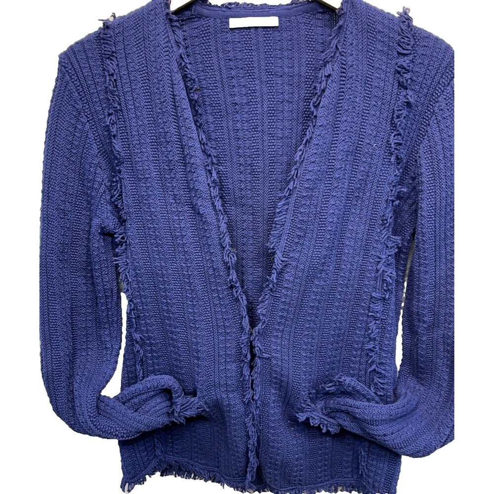 Alashan Cotton Cashmere Cardigan Small Sapphire Blue Fringe Boho Hook Eye - Picture 7 of 13